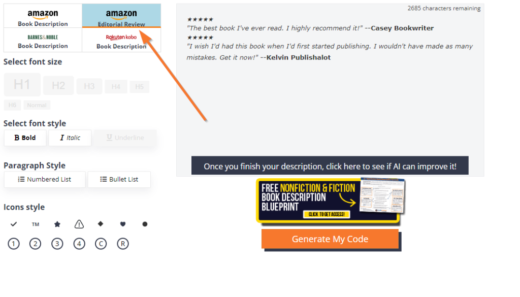 Book description generator editorial review