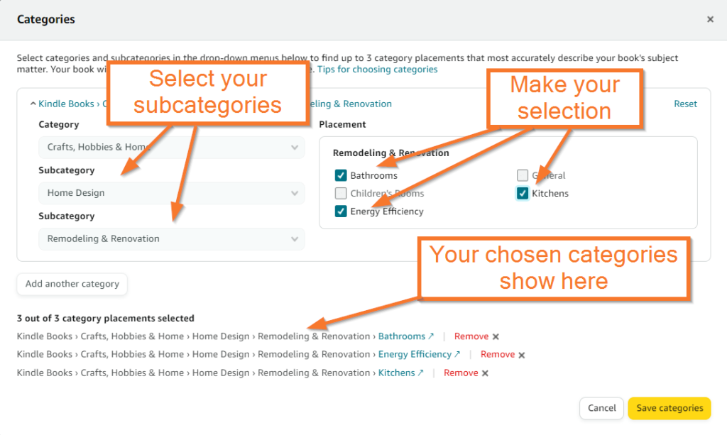 Choosing categories in KDP